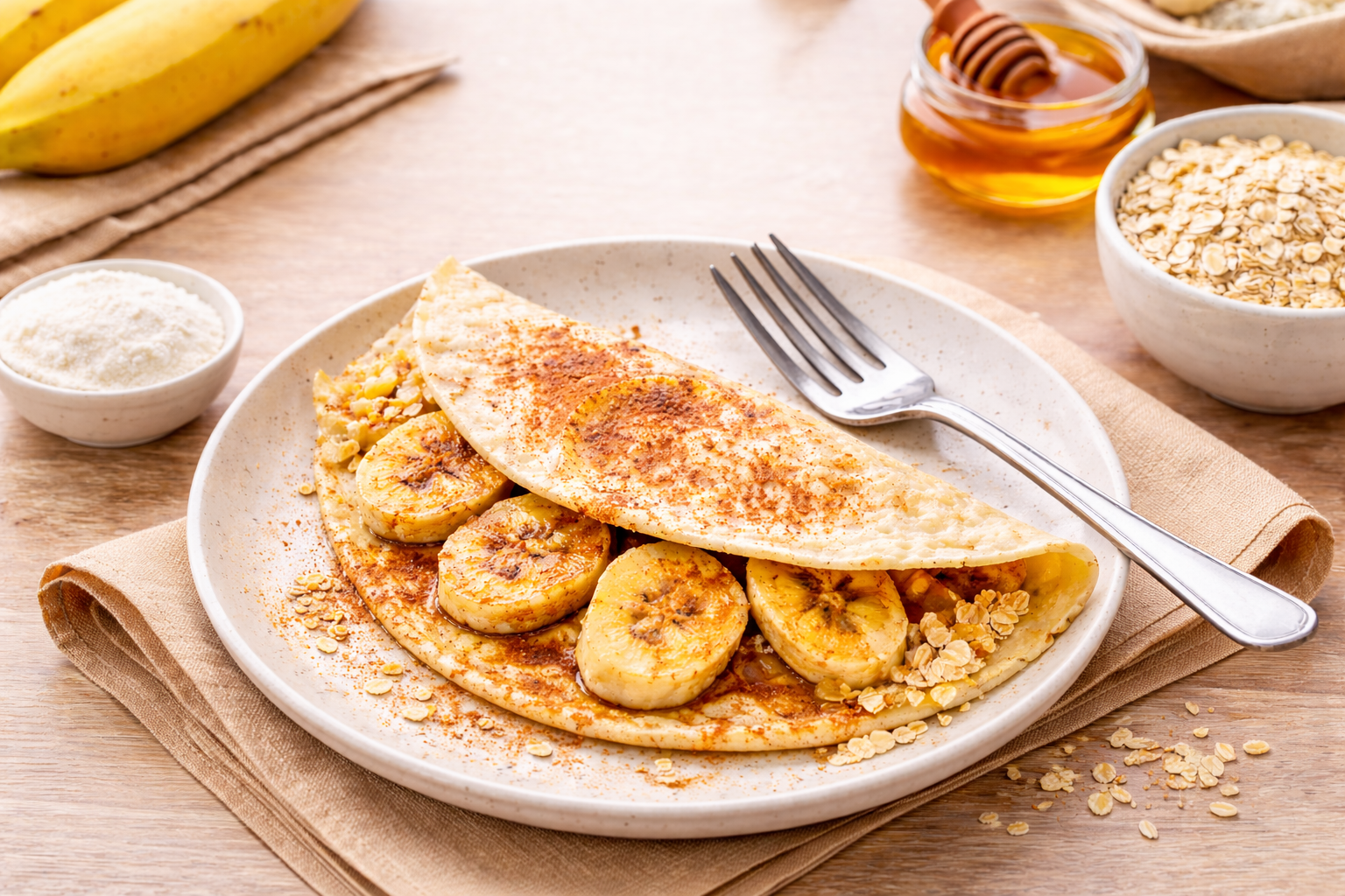 Crepioca de banana em um prato, recheada com rodelas de banana e polvilhada com canela, acompanhada de aveia e mel ao fundo.