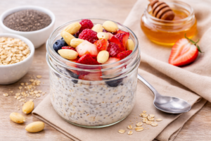 Pote de overnight oats com chia, aveia e leite, coberto com frutas frescas (morango, mirtilo, framboesa) e amêndoas, acompanhado de mel ao fundo.