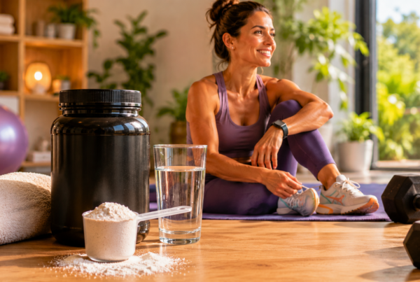 Mulher em ambiente de treino funcional ao lado de suplemento de creatina, copo de água e equipamentos de exercício, ilustrando a relação entre suplementação esportiva, desempenho físico e bem-estar.