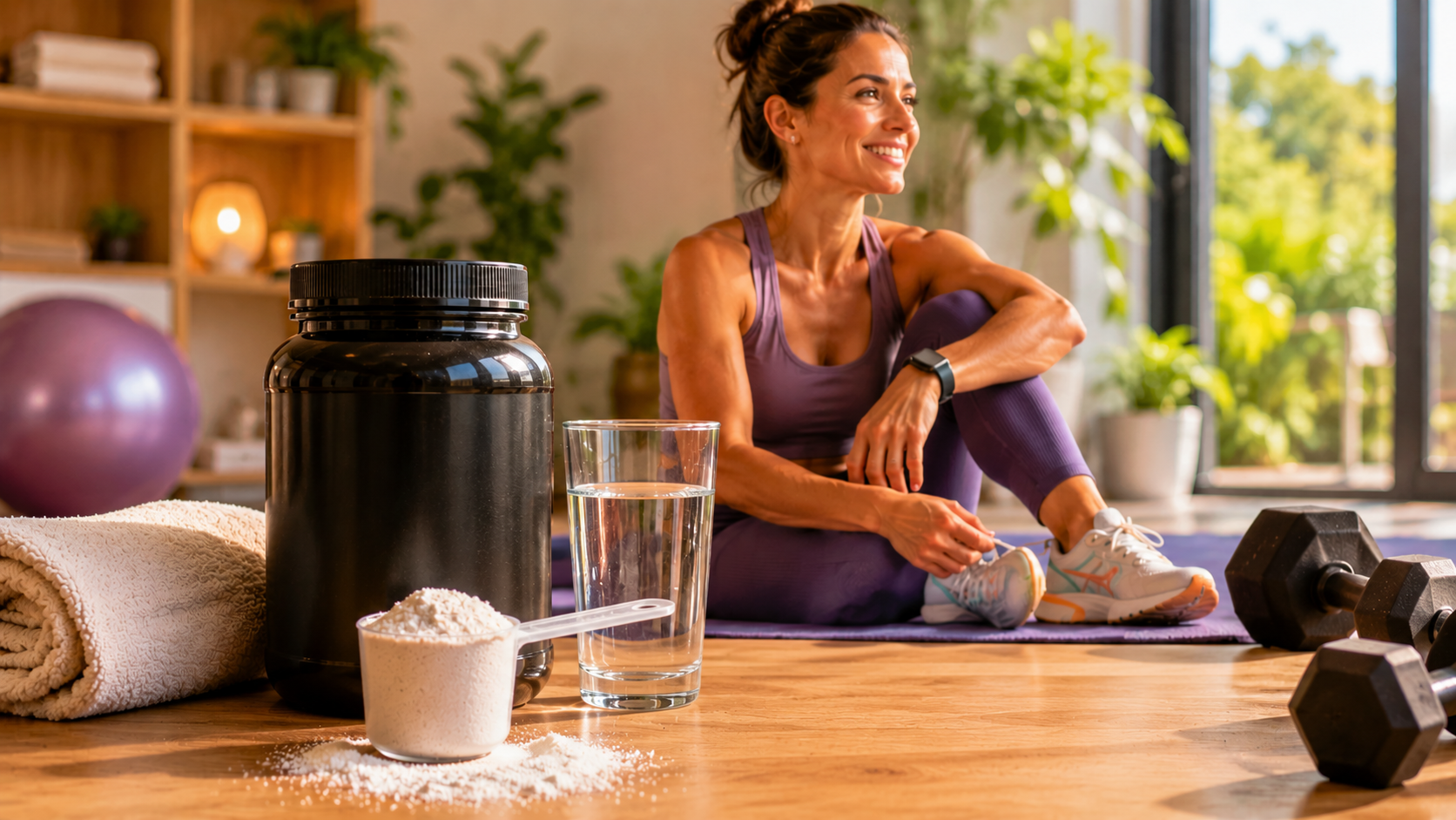 Mulher em ambiente de treino funcional ao lado de suplemento de creatina, copo de água e equipamentos de exercício, ilustrando a relação entre suplementação esportiva, desempenho físico e bem-estar.