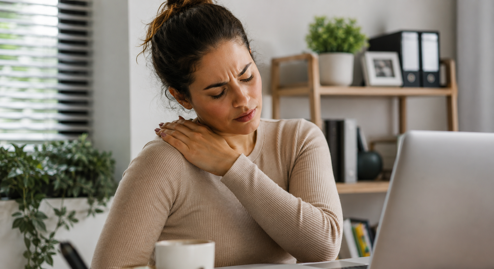 Mulher em ambiente de trabalho massageia o ombro enquanto sente tensão muscular causada pelo estresse e pela sobrecarga da rotina.
